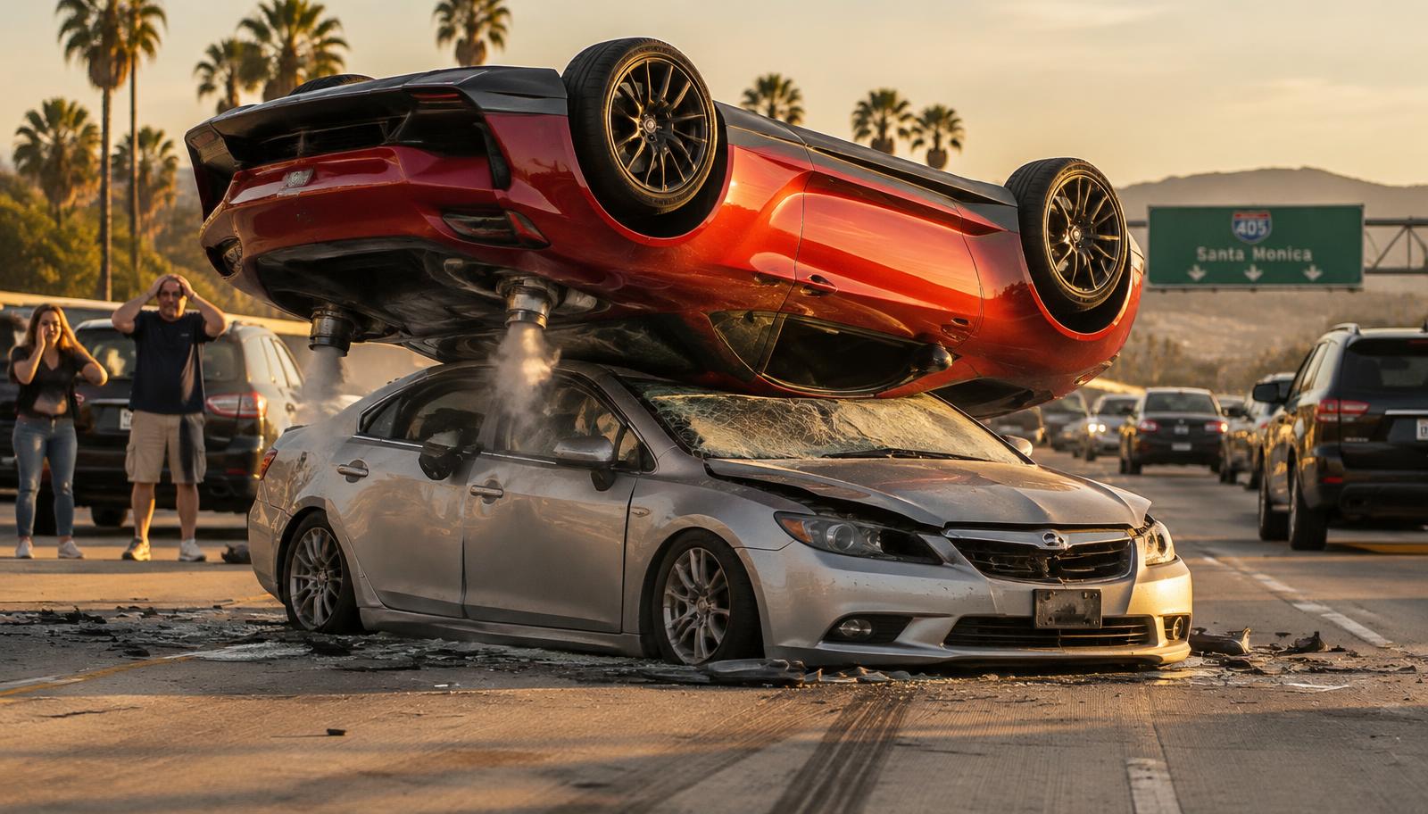 A red flying roadster landed upside down on top of a silver sedan on a California freeway